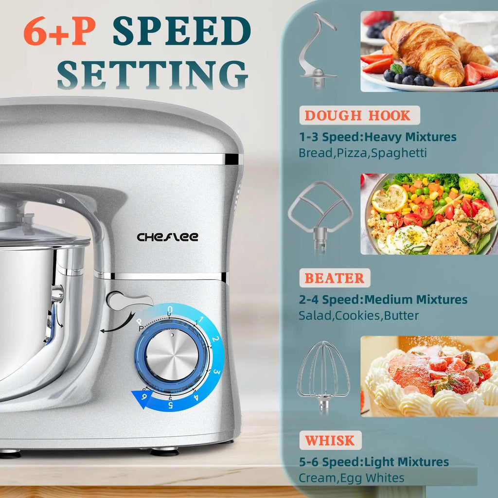 Cheflee 660W Electric Kitchen Stand Mixer,6+P Speeds, 6.5QT Stainless Steel Bowl,Includes Dough Hook, Wire Whip & Beater,Ideal for Home Cooks