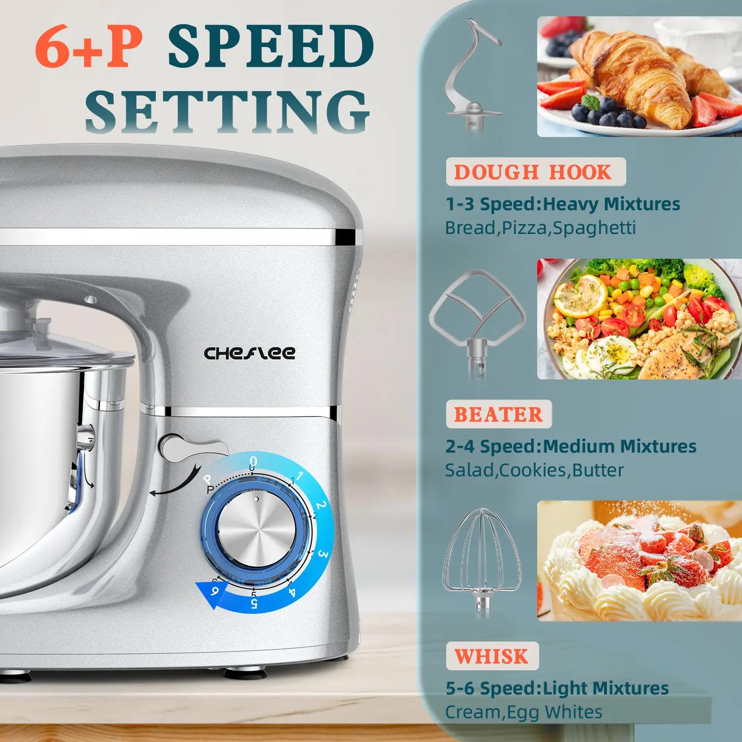 Cheflee 660W Electric Kitchen Stand Mixer,6+P Speeds, 6.5QT Stainless Steel Bowl,Includes Dough Hook, Wire Whip & Beater,Ideal for Home Cooks