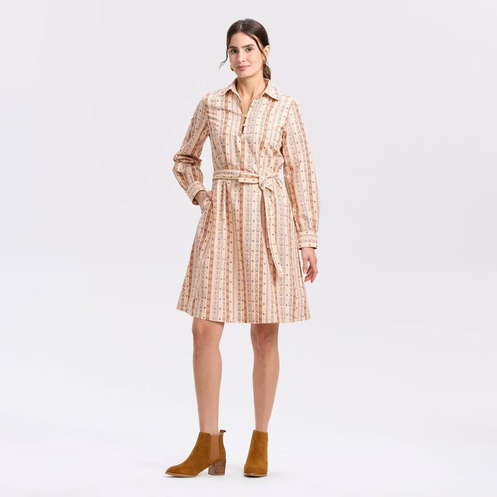 Women's Long Sleeve Printed Shirt Dress with Belt