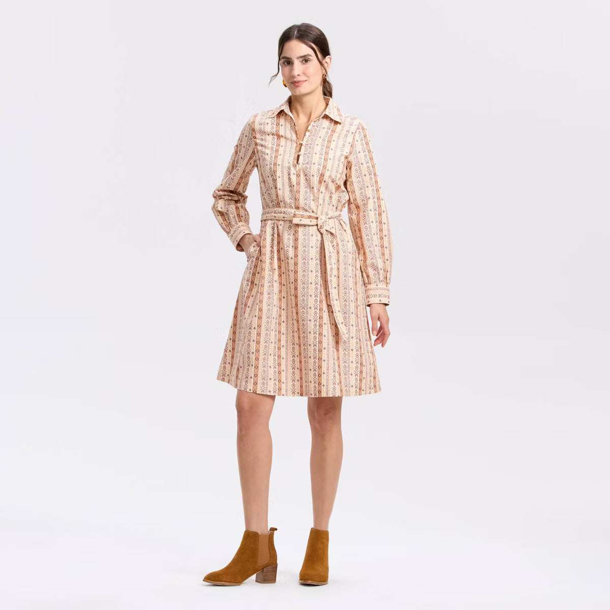Women's Long Sleeve Printed Shirt Dress with Belt