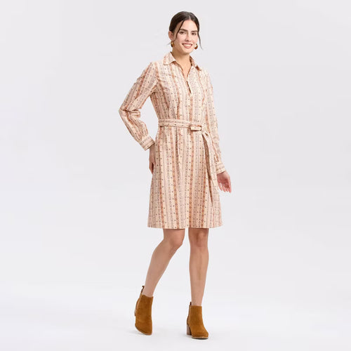 Women's Long Sleeve Printed Shirt Dress with Belt